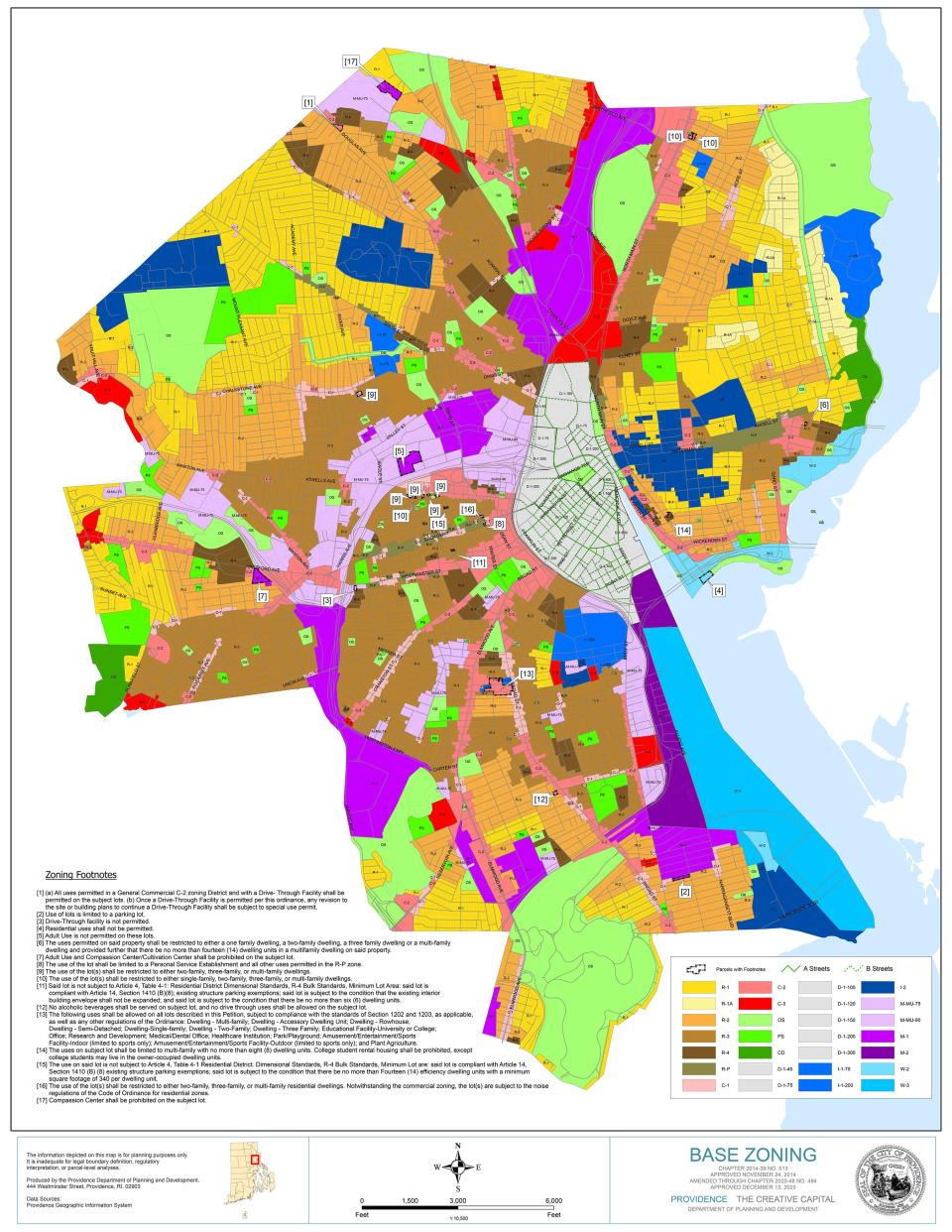 This is Providence's current zoning map. Yellow and light yellow are single-family zoning, terra cotta is duplexes, light brown is triplexes and dark brown is R-4, for apartment buildings. Pink and light pink and red are the three commercial districts.