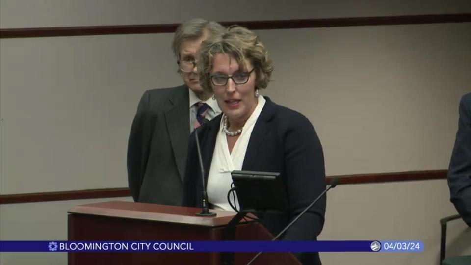 Bloomington Mayor Kerry Thomson fights tears at the city council meeting on April 3, 2024, as she asks residents to stand up and say something when they encounter hate speech.