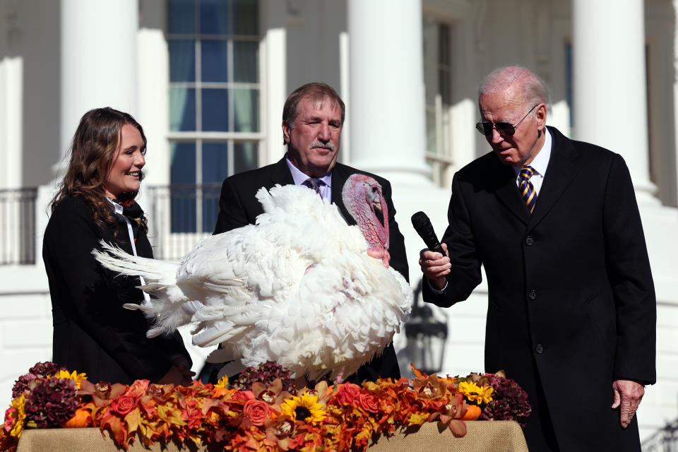 U.S. President Joe Biden pardons Chocolate, the National Thanksgiving Turkey, as he is joined by the 2022 National Turkey Federation Chairman Ronnie Parker and Alexa Starnes, daughter of the owner of Circle S Ranch, on the South Lawn of the White House November 21, 2022 in Washington, DC. Chocolate, and the alternate, Chip, were raised at Circle S. Ranch, outside of Charlotte, North Carolina, and will reside on the campus of North Carolina State University following today's ceremony. (Win McNamee/Getty Images)