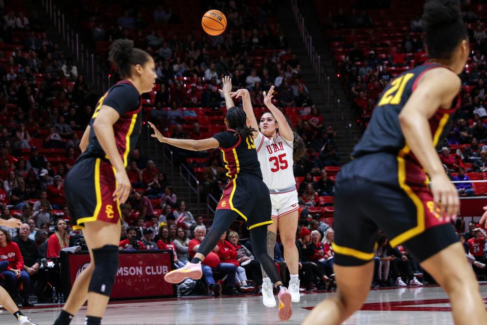 The Utah Utes play the USC Trojans at the Huntsman Center in Salt Lake City on Friday, Jan. 19, 2024. The Utes won 78-58. | Liv Medivitz/Utah Athletics