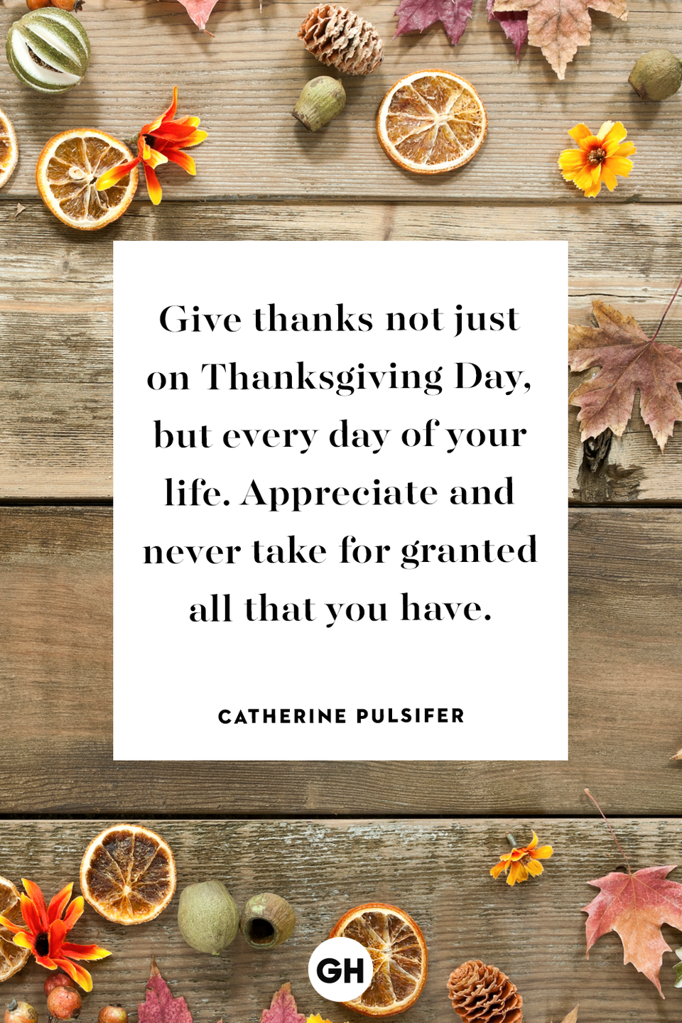 <p>Give thanks not just on Thanksgiving Day, but every day of your life. Appreciate and never take for granted all that you have.</p>