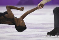 <p>Vanessa James and Morgan Cipres of France perform in the pairs free skate figure skating final in the Gangneung Ice Arena at the 2018 Winter Olympics in Gangneung, South Korea, Thursday, Feb. 15, 2018. (AP Photo/Bernat Armangue) </p>
