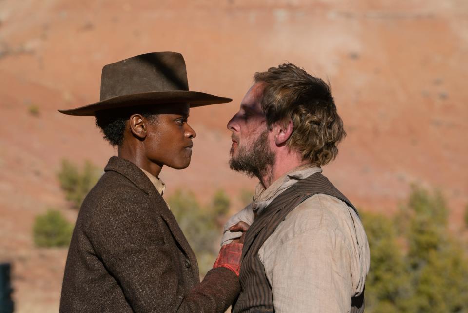 After the Civil War, a former Buffalo Soldier (Letitia Wright) has her way home disrupted by a wanted outlaw (Jamie Bell) in the Western thriller "Surrounded."