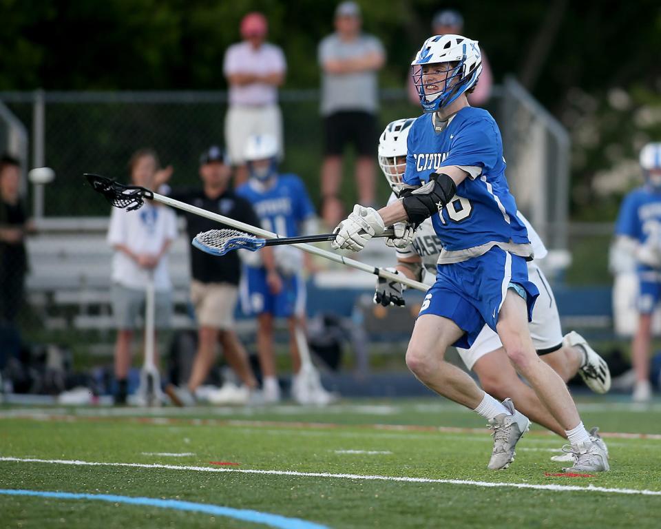 Scituate's James Sullivan ties the game at 6-6 with this shot in the third quarter of their game against Cohasset at Cohasset High on Saturday, May 13, 2023. 