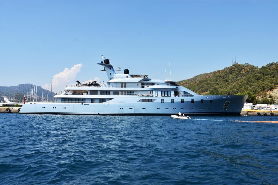 86-metre long luxury Mega yatch 'Pacific', owned by Russian art collector and entrepreneur Leonid Mikhelson, arrives at Cruise Port Harbour in Marmaris, Mugla, Turkey on September 15, 2020.