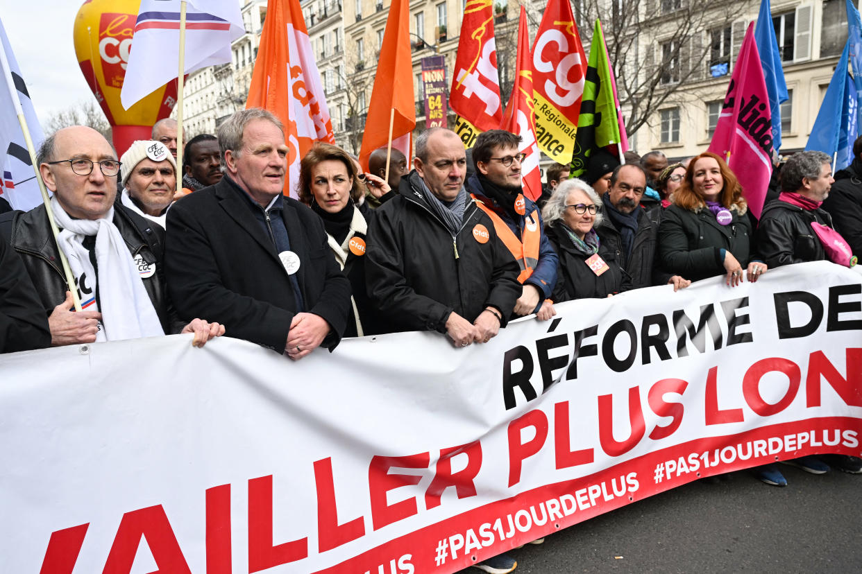 Les numéros 1 des syndicats qui composent l'intersyndicale, à Paris, le 11 mars 2023. (Photo by Emmanuel DUNAND / AFP)