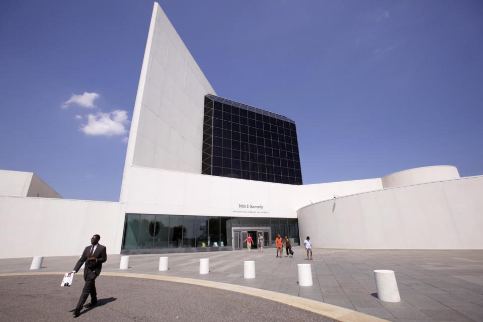 FILE - This Aug. 19, 2009, file photo shows the entrance of the John F. Kennedy Presidential Library and Museum, designed by architect I.M. Pei, in Boston. Pei, the globe-trotting architect who revived the Louvre museum in Paris with a giant glass pyramid and captured the spirit of rebellion at the multi-shaped Rock and Roll Hall of Fame, has died at age 102, a spokesman confirmed Thursday, May 16, 2019. (AP Photo/Steven Senne, File)