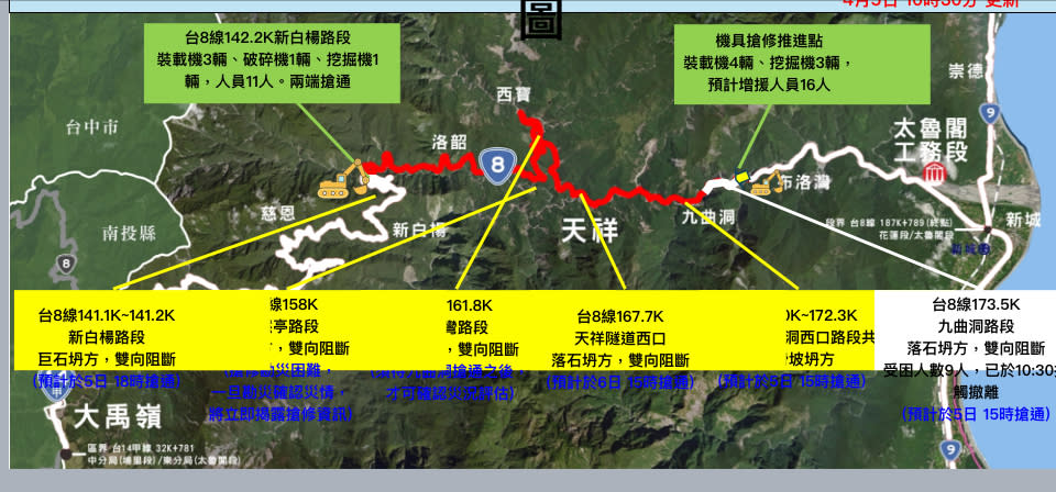 台8線阻斷與搶通規劃圖。(中央災害應變中心提供)