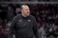 CORRECTS TO TOM THIBODEAU, INSTEAD OF BILLY DONOVAN - New York Knicks coach Tom Thibodeau watches play during the team's NBA basketball game against the Chicago Bulls in Chicago, Friday, April 5, 2024. (AP Photo/Mark Black)