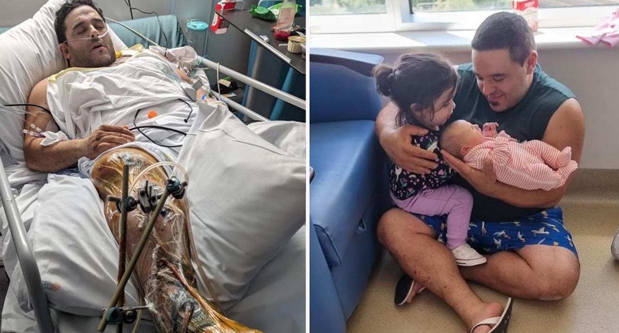 Left: Melbourne dad Jason in hospital with broken leg. Right: Jason Chahine sitting on floor with two daughters. 