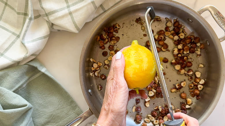 adding lemon zest to pan