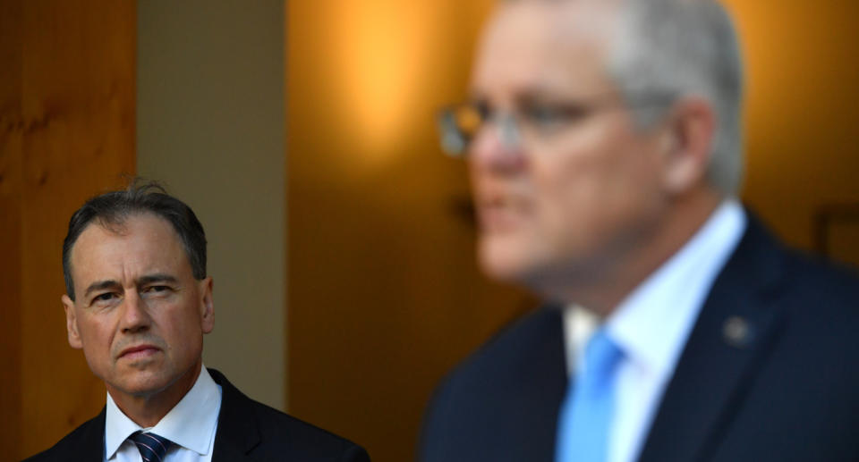 Greg Hunt and Prime Minister Scott Morrison at a press conference 