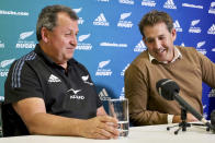 All Blacks coach Ian Foster, left, and New Zealand Rugby Union CEO Mark Robinson attend a news conference in Auckland, New Zealand, Wednesday, Aug. 17, 2022. Foster will remain as All Blacks head coach until his contract expires after next year's World Cup, saved in part by New Zealand’s Rugby Championship win over South Africa last weekend. (Jed Bradley/New Zealand Herald via AP)