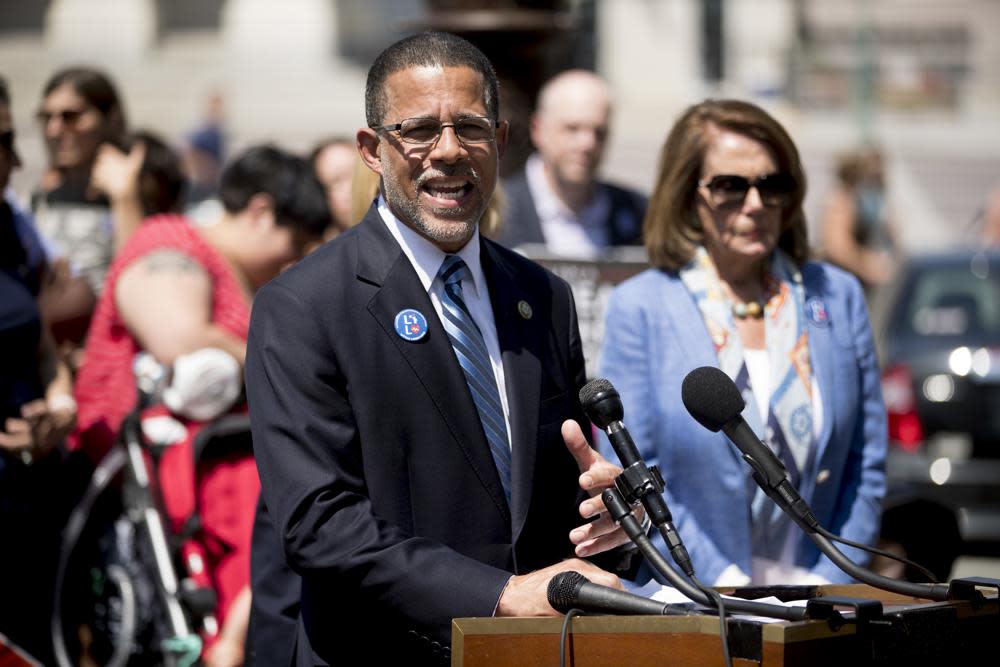 Rep. Anthony Brown, D-Md., left, accompanied by House Minority Leader Nancy Pelosi, D-Calif., right, speaks at a news conference on pre-existing health conditions on Capitol Hill in Washington on June 26, 2018. Wes Moore could soon make history if elected Maryland’s first Black governor, and he’s not alone: Brown would be the state’s first Black attorney general. Aruna Miller would be Maryland’s first immigrant lieutenant governor, and the first Asian-American elected statewide. (AP Photo/Andrew Harnik, File)