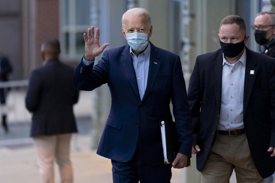 Democratic presidential candidate former Vice President Joe Biden leaves the Queen Theater in Wilmington, Del., Wednesday, Oct. 7, 2020. (AP Photo/Andrew Harnik)