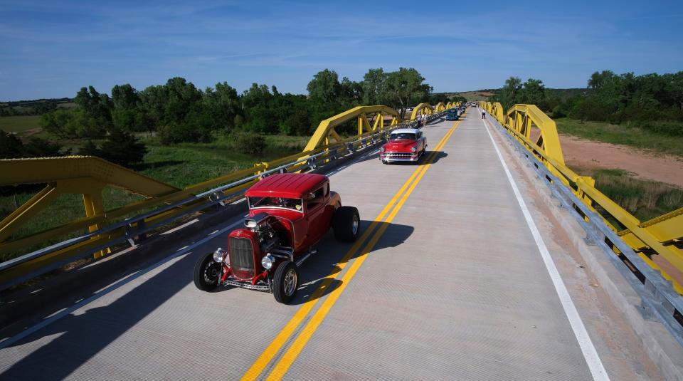 Cars parade across the bridge after it officially opened on May 10 at the reopening of the William H. Murray Bridge referred to as the Pony Bridge in Bridgeport Bridge along part of the original Route 66 in Oklahoma.