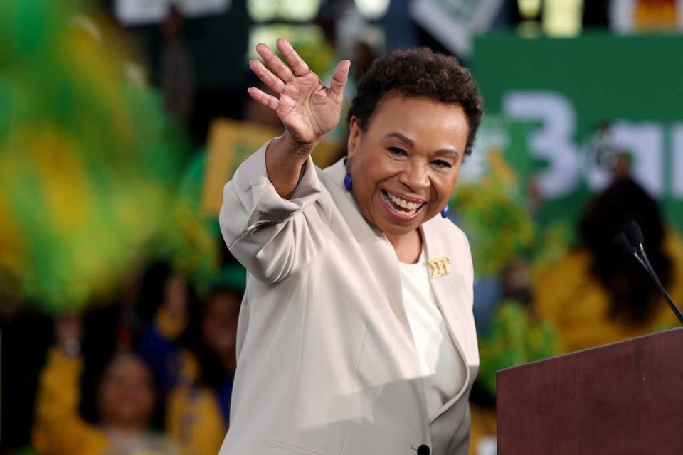 Rep. Barbara Lee, D-Calif., acknowledges supporters after speaking during her campaign launch rally to succeed Dianne Feinstein in the U.S. Senate, at Laney College on Saturday, Feb. 25, 2023, in Oakland.