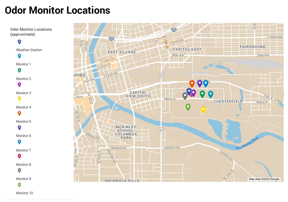 Des Moines installed 10 odor monitors in locations around the city's three main odor emitters. The technology, linked to an environmental intelligence platform, Envirosuite, measures and logs data based on odor-producing chemicals.