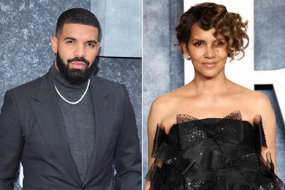 <p>Getty</p> Drake used an old photo of Halle Berry as the cover art for his new single "Slime You Out."