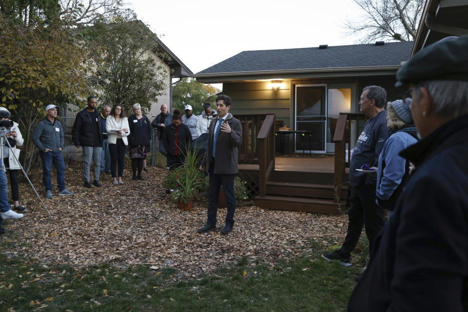 Minneapolis Mayor Jacob Frey speaks to his constituents at his "Mayor on the Block" event on Tuesday, Oct. 26, 2021, in Minneapolis. (AP Photo/Christian Monterrosa)