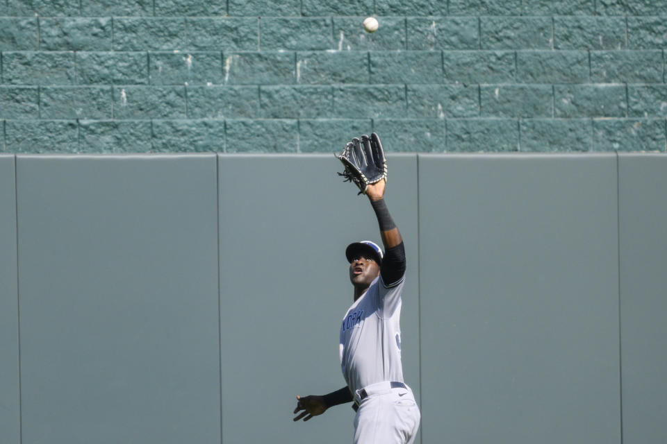 New York Yankees center fielder Estevan Florial catches a fly ball off the bat of Kansas City Royals' Maikel Garcia during the first inning of a baseball game, Sunday, Oct. 1, 2023, in Kansas City, Mo. (AP Photo/Reed Hoffmann)