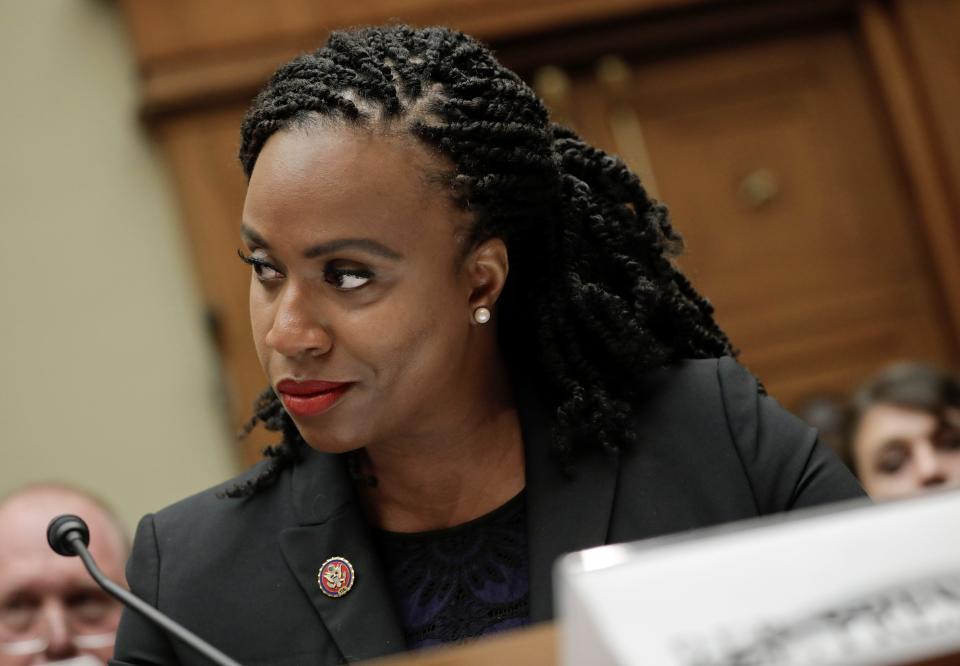Rep. Ayanna Pressley, D-Mass., waits to testify before the House Oversight Committee hearing on family separation and detention centers, Friday, July 12, 2019 on Capitol Hill in Washington.