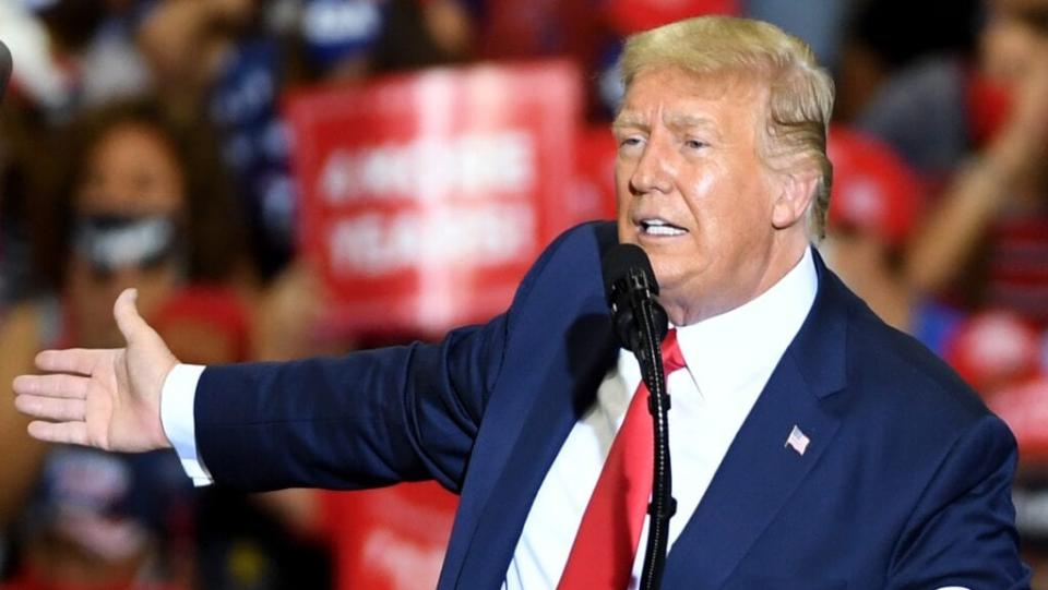 President Donald Trump speaks during a campaign event at Xtreme Manufacturing on Sunday in Henderson, Nevada. (Photo by Ethan Miller/Getty Images)