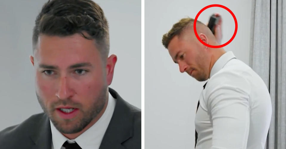 L: MAFS groom Harrison Boon looking surprised. R: Harrison Boon spraying aftershave on himself