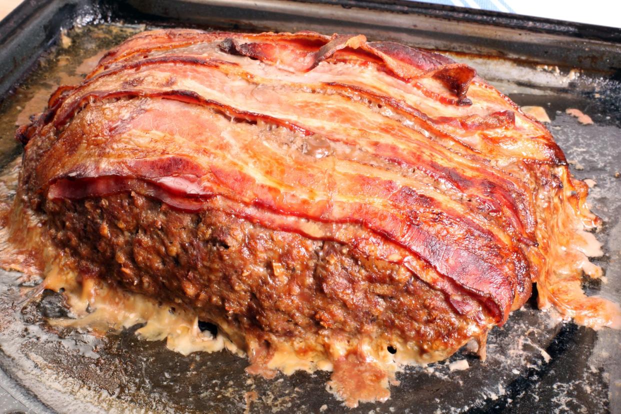 Cooked meat loaf on baking pan straight out of the oven.