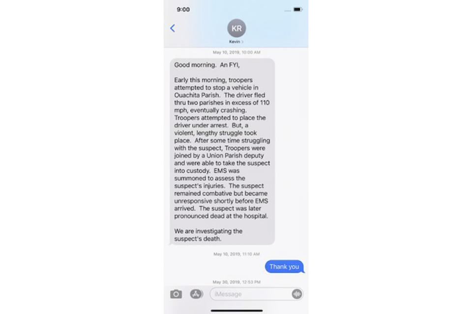 FILE - This image obtained by the Associated Press through a public records request shows a text message to Louisiana Gov. John Bel Edwards, informing him of the deadly 2019 arrest of Ronald Greene. Police told Edwards that troopers engaged in "a violent, lengthy struggle" that ended with the Black motorist's death. The Democrat remained publicly quiet as police clung to a much different story: that Greene died from a crash following a high-speed chase. What the governor knew and when have become questions in the federal investigation of Greene's death. (AP Photo)