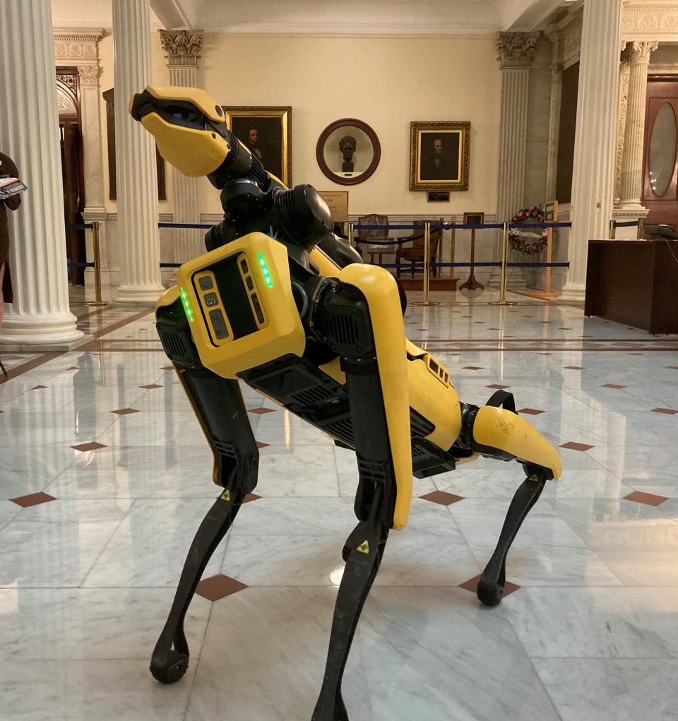 The robotic dog, Spot, visited the State House Thursday to champion legislation that would ban the weaponization of robotics and its use to hurt people or animals in Massachusetts.