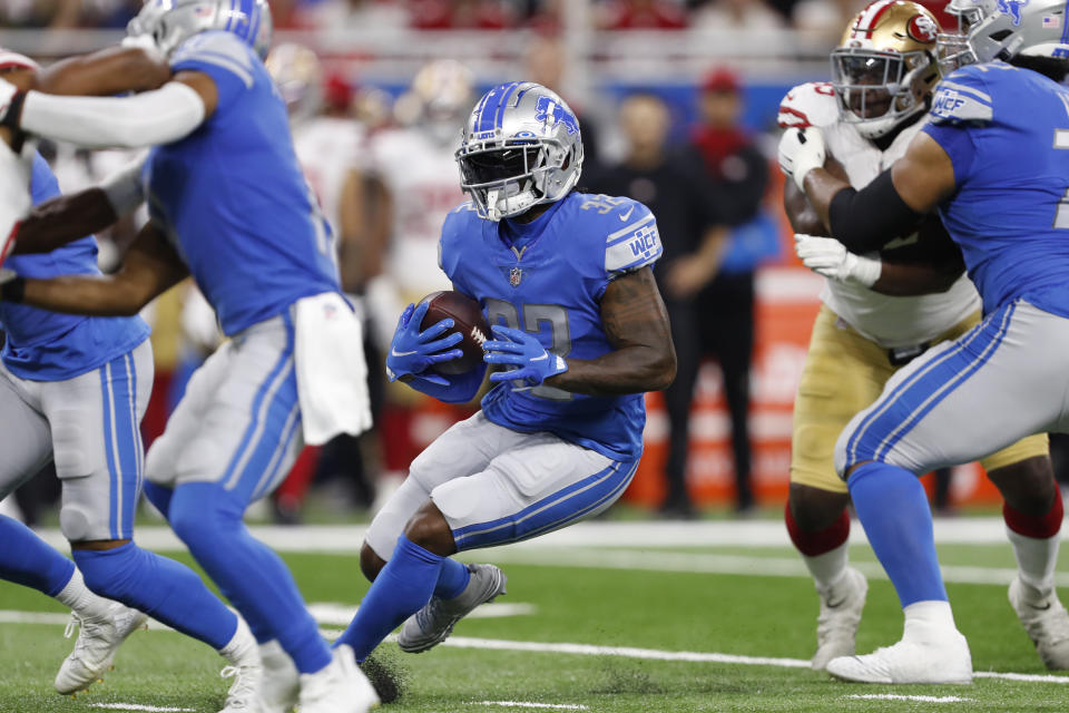 D'Andre Swift leads the Lions in carries and has the second-most targets. (Raj Mehta/USA TODAY Sports)