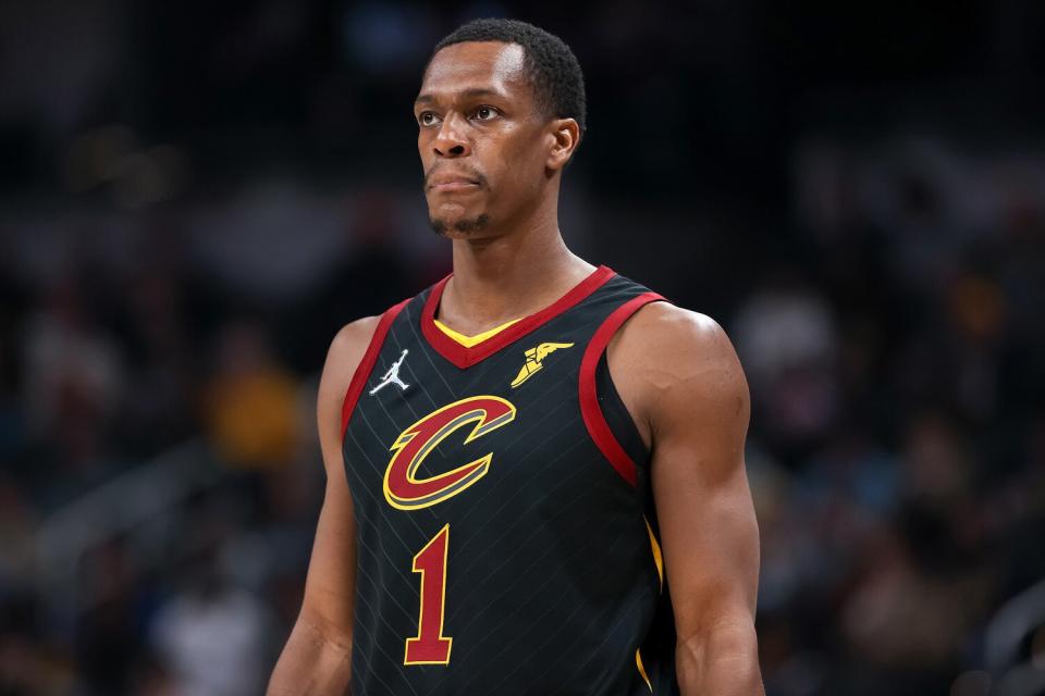 Rajon Rondo #1 of the Cleveland Cavaliers looks on in the first quarter against the Indiana Pacers at Gainbridge Fieldhouse on February 11, 2022 in Indianapolis, Indiana.