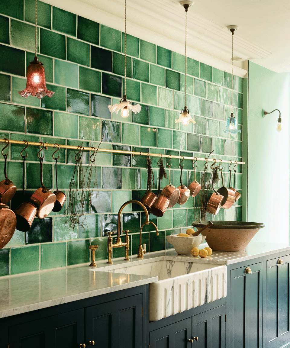 kitchen with pendant lights and green wall tiles