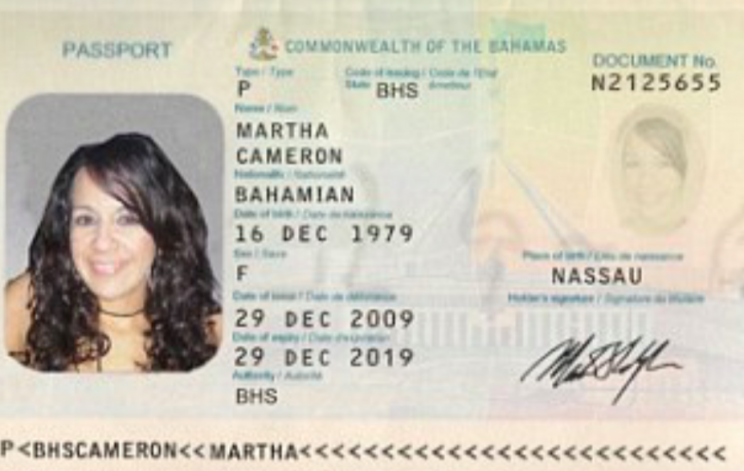 A passport says the woman is from the Bahamas (Grab)