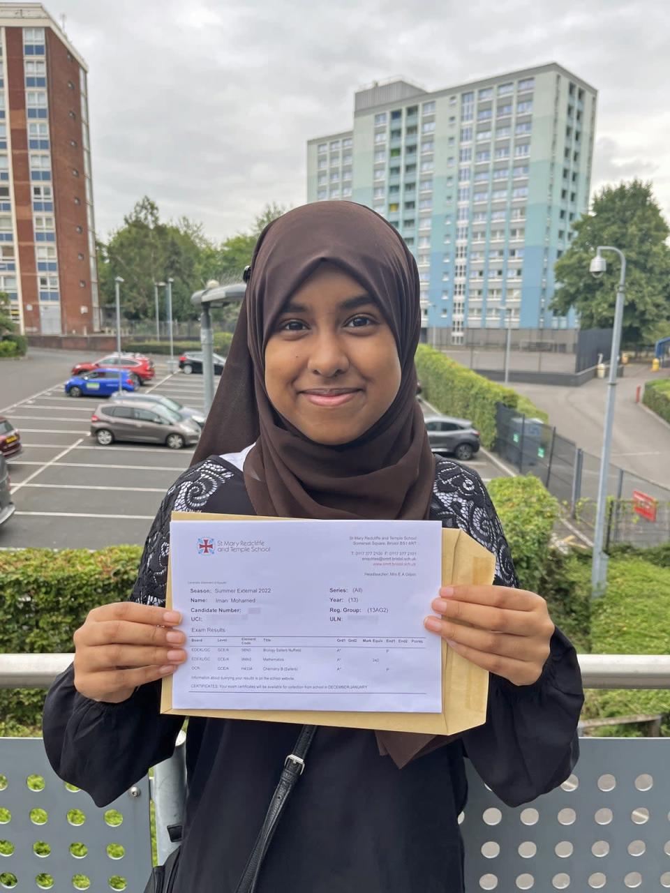 Iman Mohamed, 18, from Fishponds, Bristol, was another happy student at the school after also getting A* results (Rod Minchin/PA) (PA Wire)