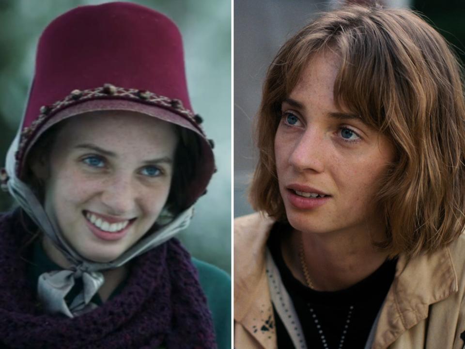 left: maya hawke in little women as jo march, smiling and wearing a blocky red hat that ties underneath her chin; right: maya hawke as robin in stranger things, looking a little bit worn with her hair down