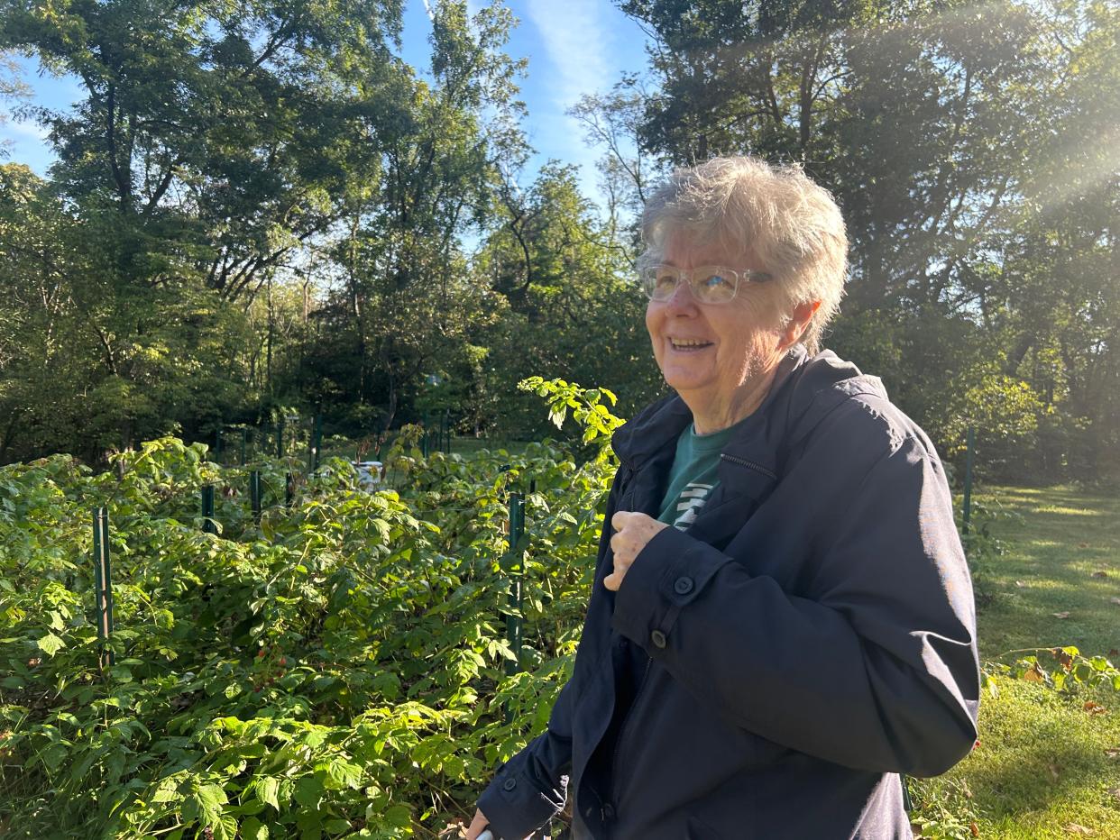 Joan Tracy stands beside a garden at Old Pine Farm. She's volunteered there since 2000 but she and others are hoping for a new generation to help preserve Old Pine's educational and sustainability programs.