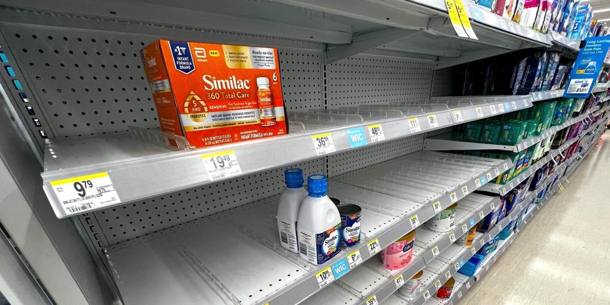 A nearly empty shelf of baby formula at a Walgreens in Madison, Wisconsin