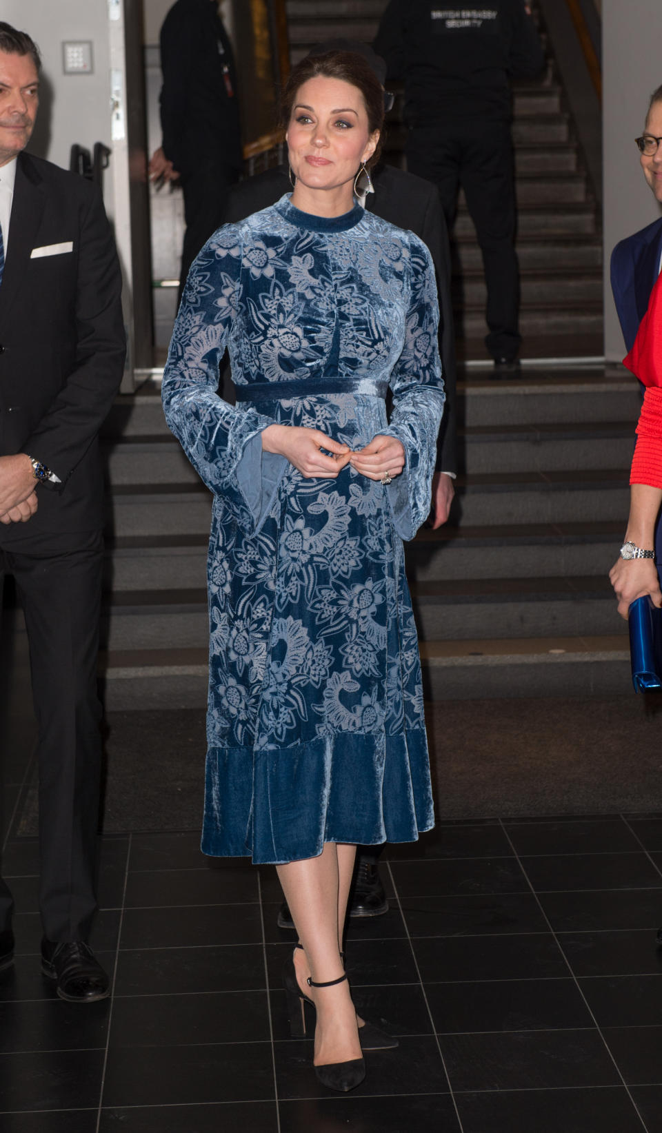 <p>The Duchess of Cambridge chose a velvet Erdem midi dress for the final night of the royal tour of Sweden. She accessorised the £2,690 look with a pair of earrings by Robinson Pelham and Gianvito Rossi heels. <em>[Photo: Getty]</em> </p>