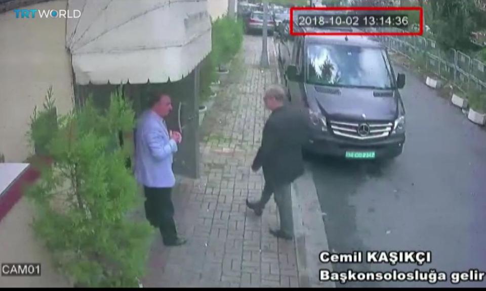Police CCTV shows Jamal Khashoggi entering the Saudi consulate in Istanbul on 2 October 2018.