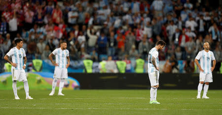 Argentina's Lionel Messi looks dejected after Croatia's Ante Rebic scores their first goal. REUTERS/Matthew Childs