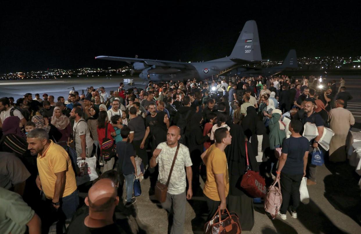 Jordanians being evacuated from Sudan amid fighting between two factions. <a href="https://newsroom.ap.org/detail/UnitedStatesSudanEvacuationExplainer/f1ecc7c128e3456eaeb70f9f90762d1a/photo?Query=Sudan%20evacuations&mediaType=photo&sortBy=arrivaldatetime:desc&dateRange=Anytime&totalCount=292&currentItemNo=22" rel="nofollow noopener" target="_blank" data-ylk="slk:AP Photo/Raad Adayleh;elm:context_link;itc:0;sec:content-canvas" class="link ">AP Photo/Raad Adayleh</a>