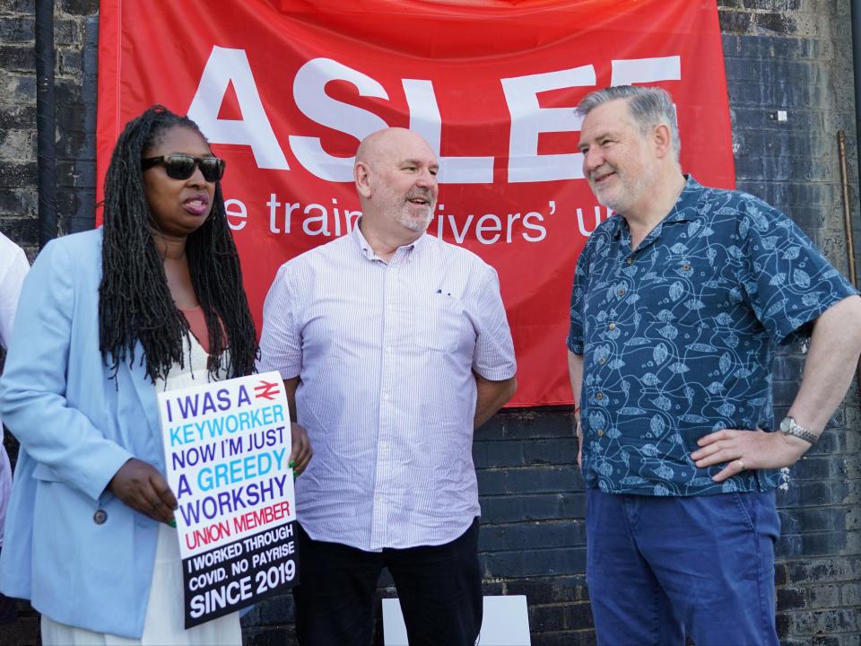 Labour MPs Dawn Butler (left) and Barry Gardiner (right) with Aslef’s general secretary Mick Whelan (centre) (PA)