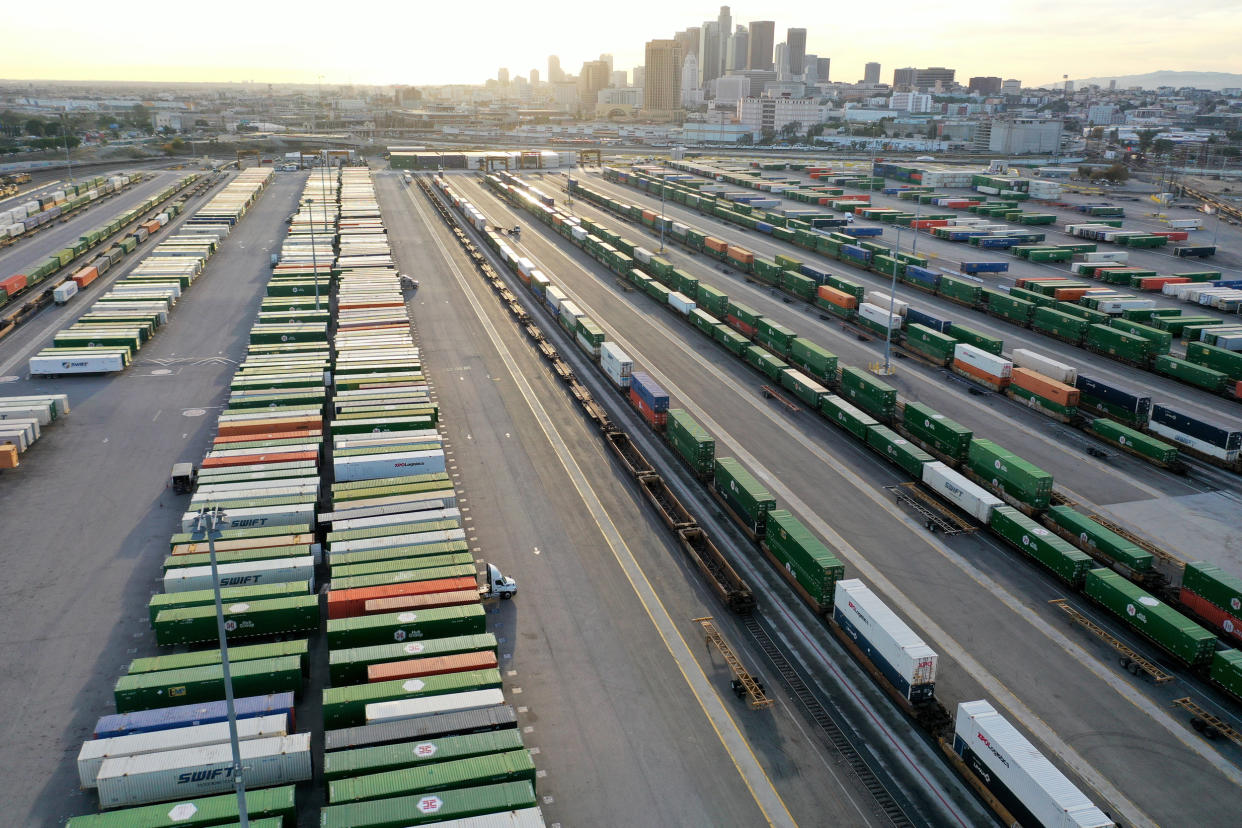 Shipping containers and rail cars sit in a Union Pacific Intermodal Terminal rail yard (Mario Tama / Getty Images file)