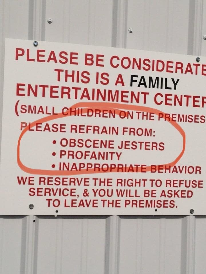 A sign at a family entertainment center requests patrons refrain from obscene gestures, profanity, and inappropriate behavior, noting small children present