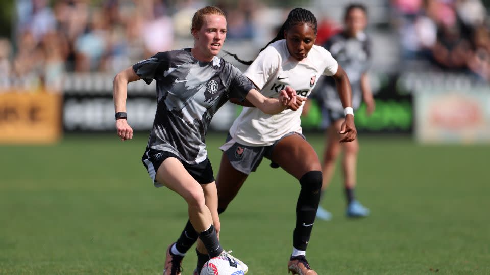 Bay FC midfielder Tess Boade dribbles in a preseason game against Angel City. - Abe Arredondo/USA Today Sports/Reuters
