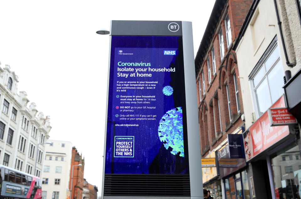 Coronavirus information being shown on an LED information board on Upper Parliament Street in Nottingham after NHS England announced that the coronavirus death toll had reached 137 in the UK.