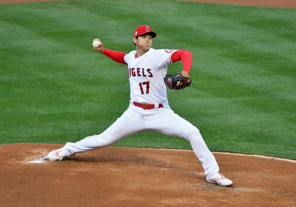 ANAHEIM, CA - APRIL 04: Los Angeles Angels pitcher Shohei Ohtani (17) pitching in the first inning of a game against the Chicago White Sox played on April 4, 2021 at Angel Stadium in Anaheim, CA. (Photo by John Cordes/Icon Sportswire via Getty Images)