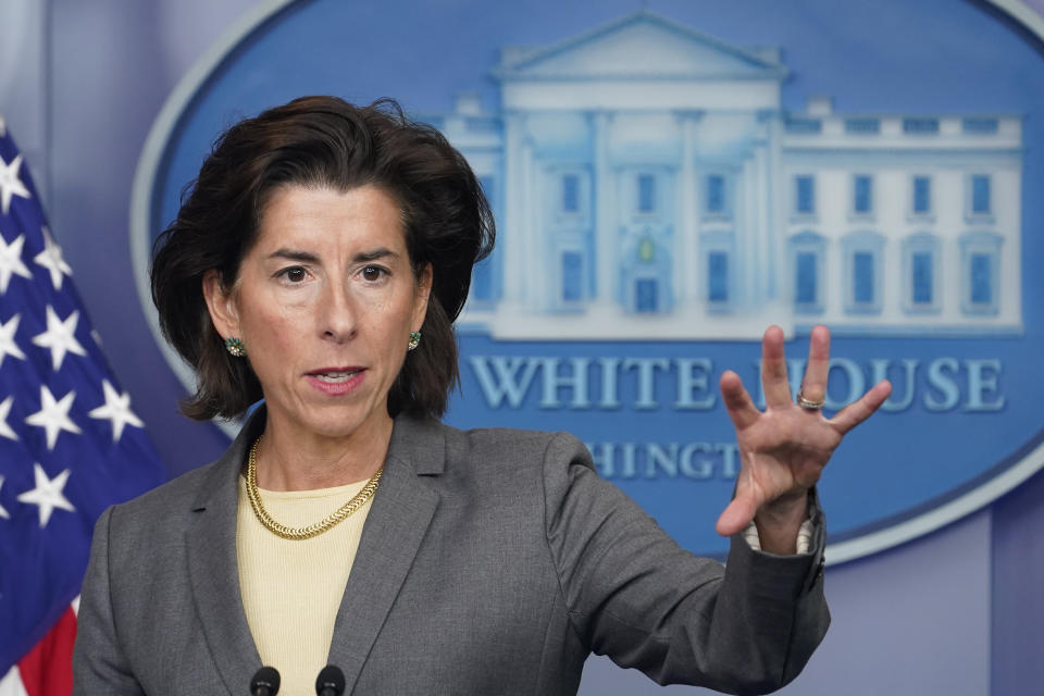 Commerce Secretary Gina Raimondo speaks during the daily briefing at the White House in Washington, Tuesday, Nov. 9, 2021. (AP Photo/Susan Walsh)